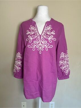 Talbots Purple Embroidered Linen Cotton Split Neck 3/4 Sleeve Tunic Blouse S